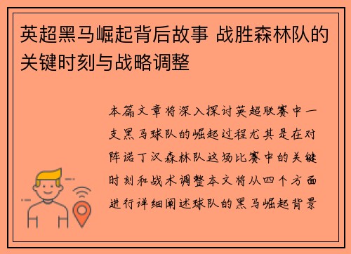 英超黑马崛起背后故事 战胜森林队的关键时刻与战略调整